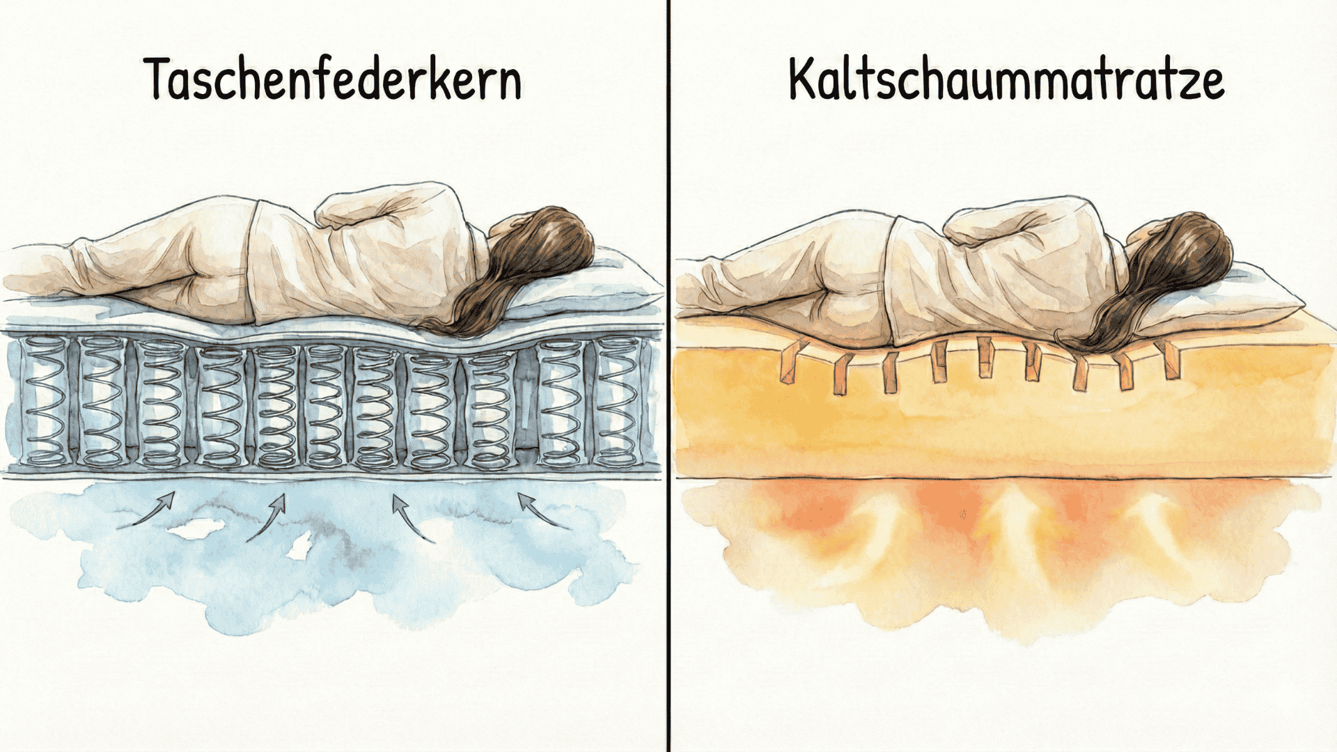 Aquarell-Illustration im Vergleich: Links eine Taschenfederkernmatratze mit kühler Luftzirkulation und rechts eine Kaltschaummatratze mit wärmendem Liegegefühl; zeigt eine Frau in ergonomischer Seitenlage.