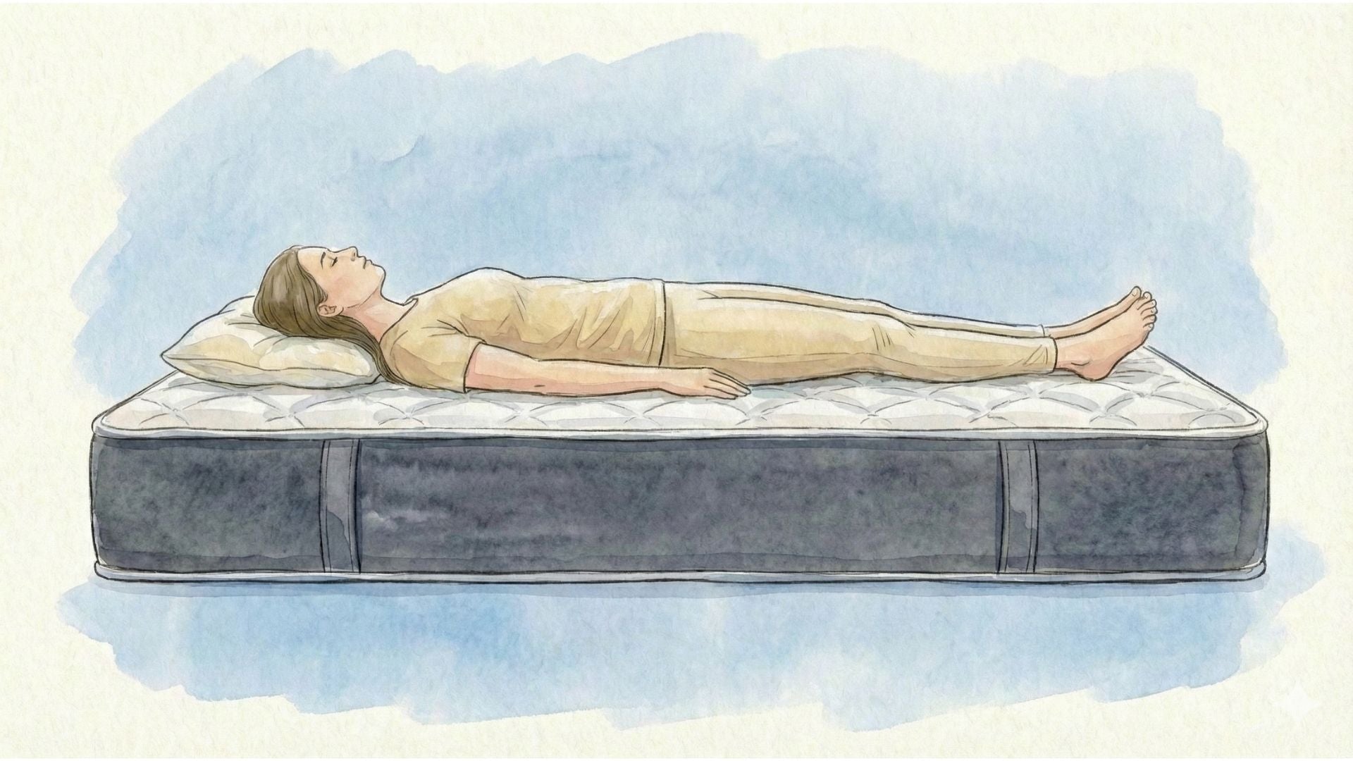 Feder & Kern ergonomische Matratze, Frau liegend in Rückenlage, Illustration gegen Rückenschmerzen