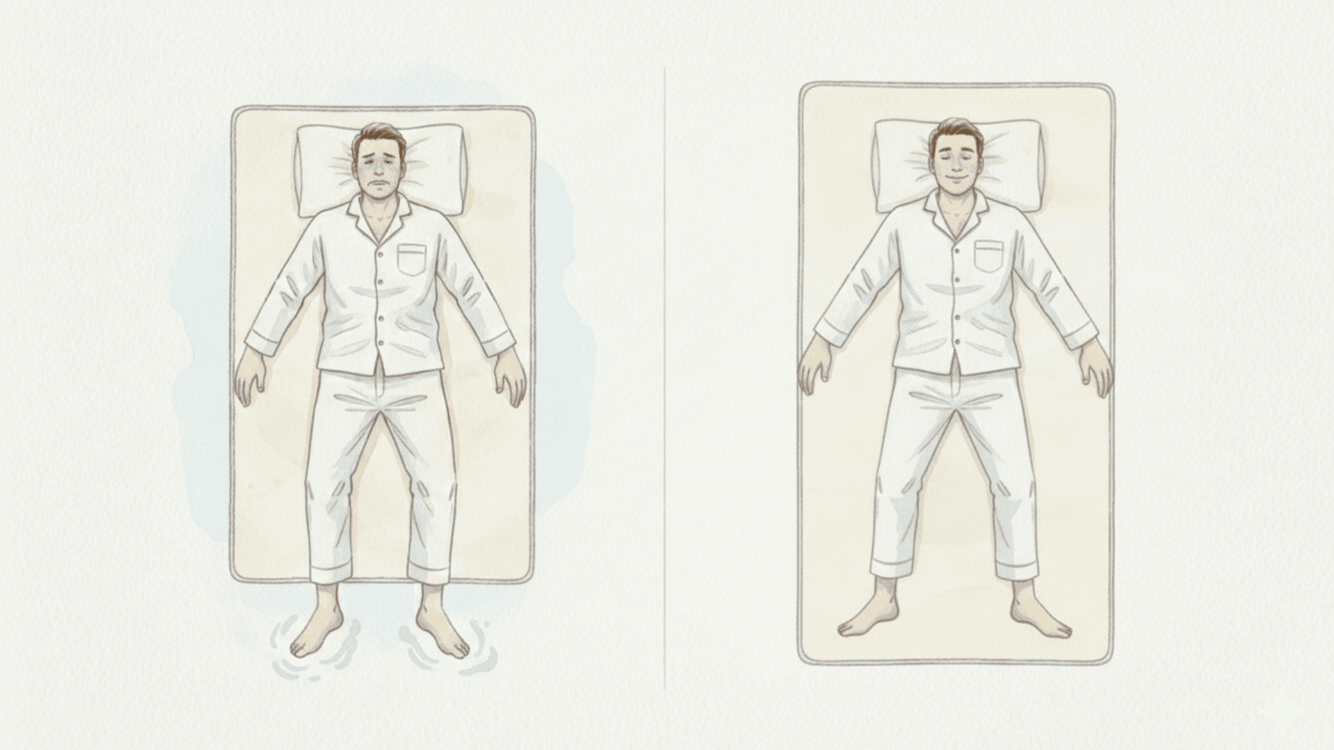 Vergleich zwischen einer zu kurzen Standardmatratze, bei der die Füße eines großen Mannes heraushängen, und einer Matratze in Überlänge, auf der er entspannt und vollständig liegt.