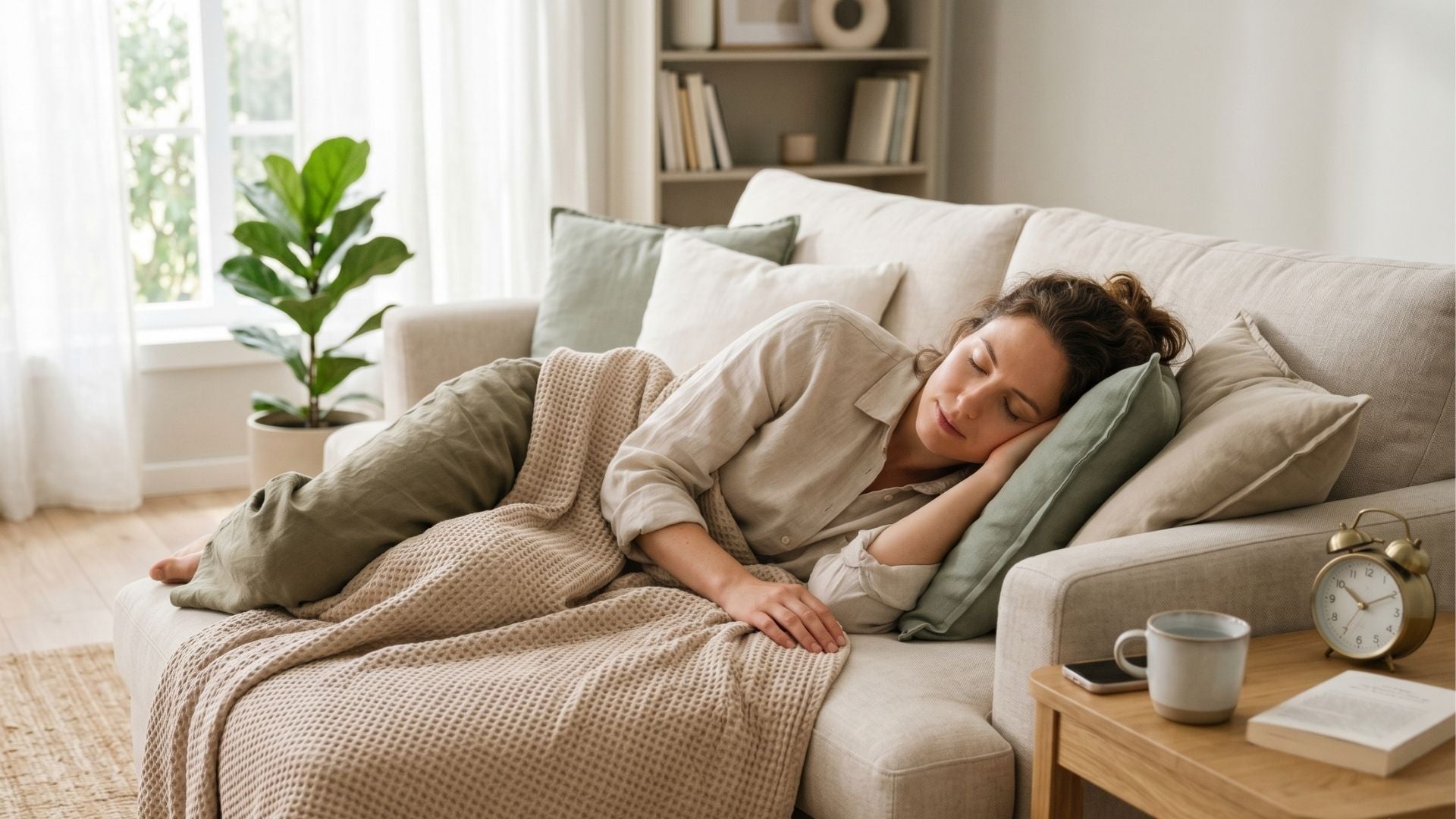 Eine Frau macht einen erholsamen Mittagsschlaf auf einem hellen Sofa unter einer grünen Decke. Ein kleiner Wecker auf dem Beistelltisch verdeutlicht die optimale Dauer für effektives Powernapping, um maximale Vorteile für die Konzentration zu nutzen.