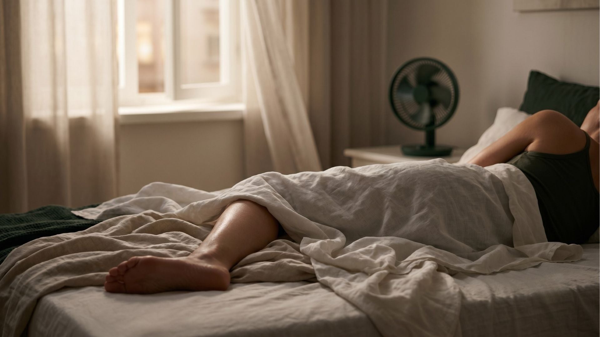 Person liegt nachts wach im Bett bei Hitze, Decke zur Seite geschoben, im Hintergrund ein Ventilator und ein leicht geöffnetes Fenster