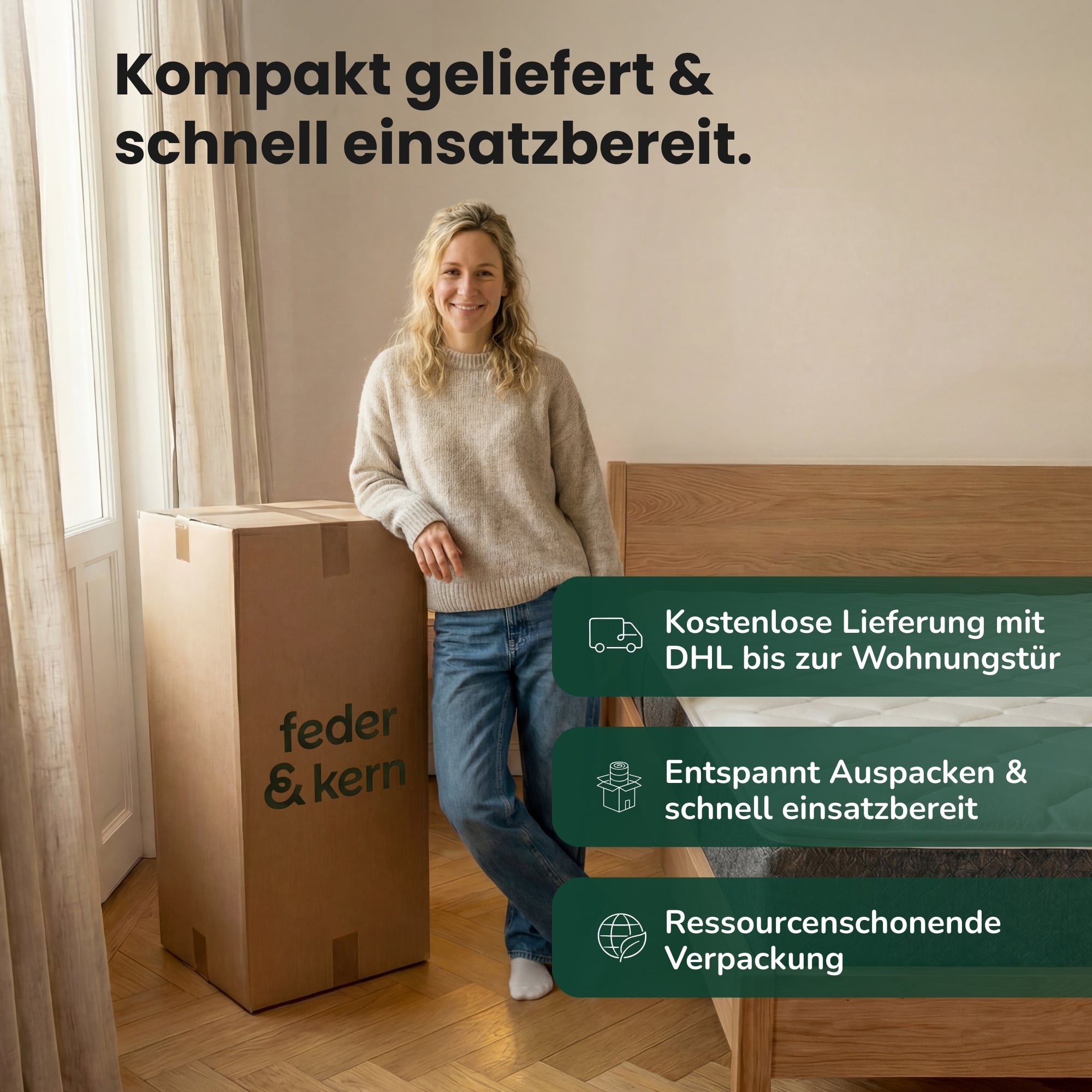 Feder & Kern Matratze in ressourcenschonender Verpackung, kompakt geliefert, leicht auspackbar