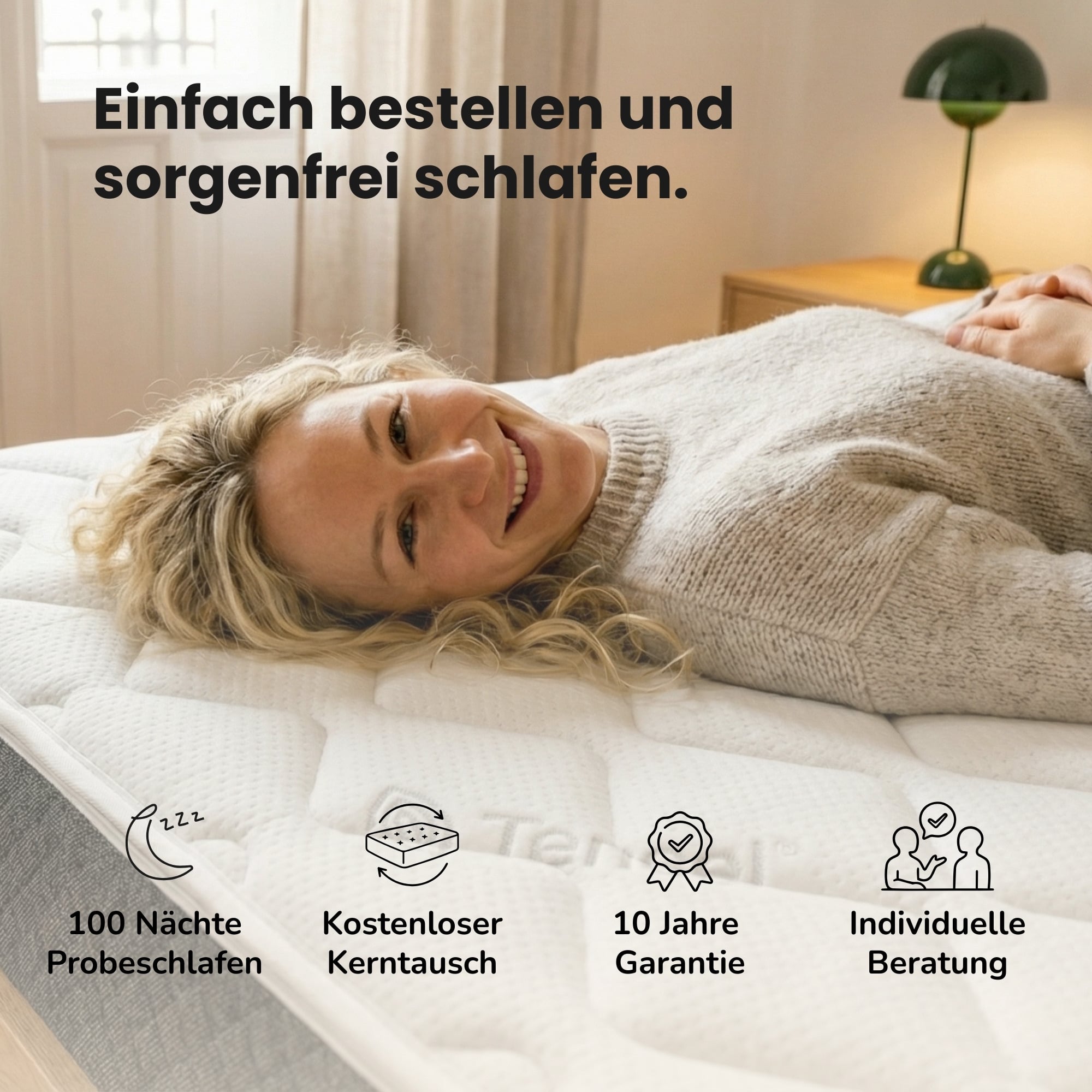 Feder & Kern Matratze, lächelnde Frau liegt entspannt, Komfort und Garantie Symbole