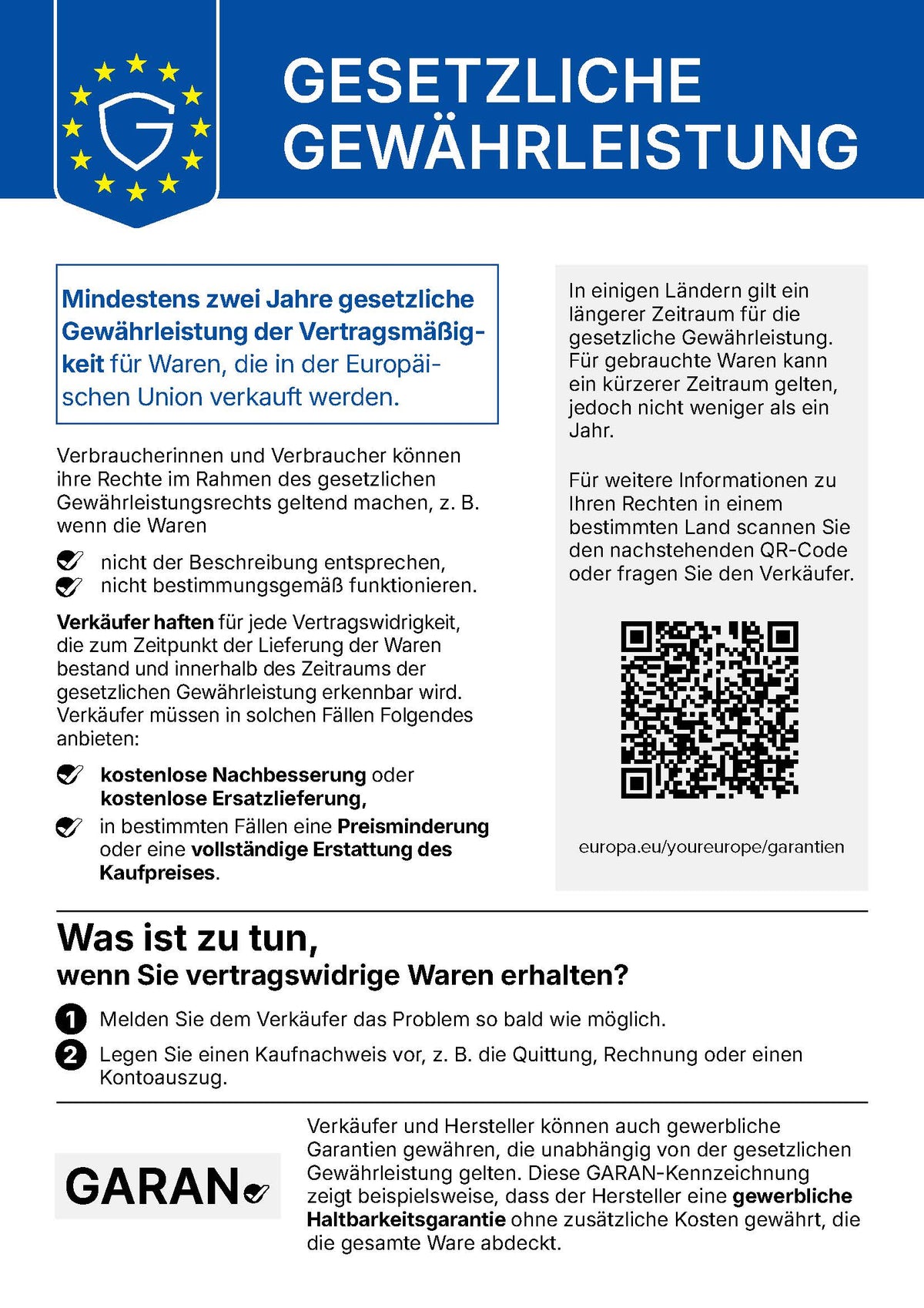 Infografik zur gesetzlichen Gewährleistung in der EU mit Texten, einem Logo und einem QR-Code.