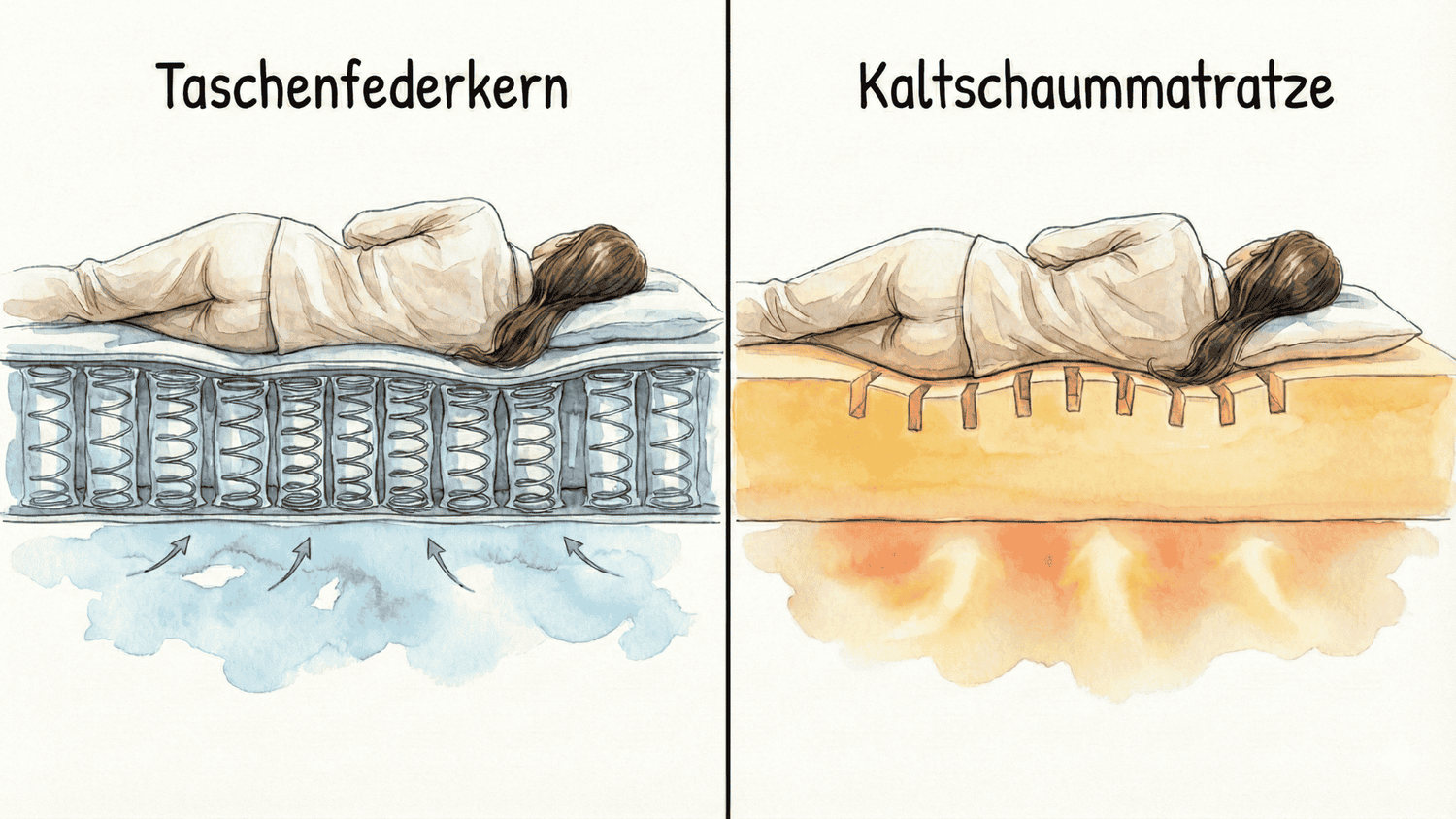 Aquarell-Illustration im Vergleich: Links eine Taschenfederkernmatratze mit kühler Luftzirkulation und rechts eine Kaltschaummatratze mit wärmendem Liegegefühl; zeigt eine Frau in ergonomischer Seitenlage.