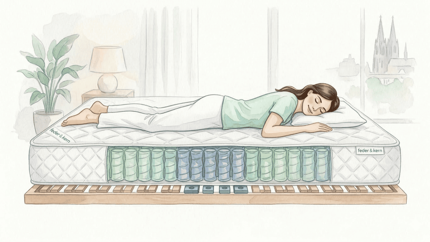 Detaillierte Illustration einer Frau, die in Bauchlage auf einer feder & kern Taschenfederkernmatratze schläft. Ein Querschnitt der Matratze zeigt die innere Struktur.
