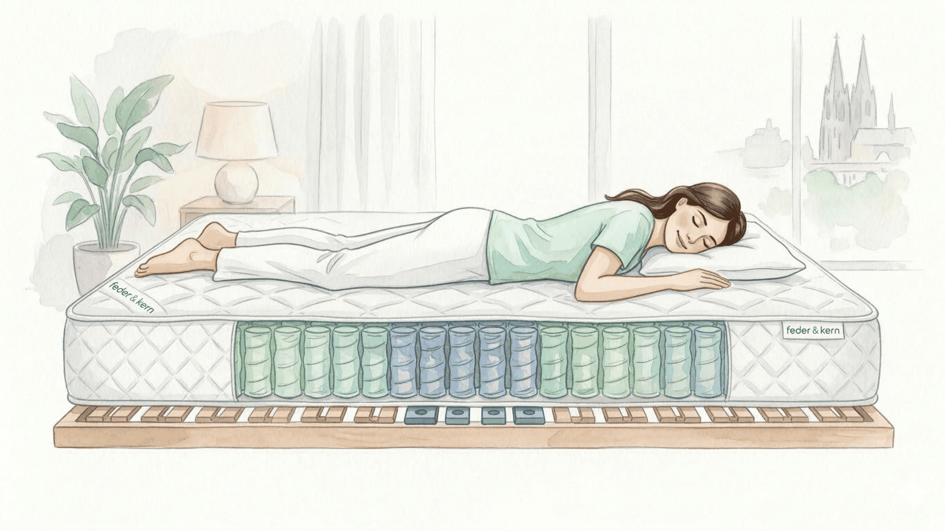 Detaillierte Illustration einer Frau, die in Bauchlage auf einer feder & kern Taschenfederkernmatratze schläft. Ein Querschnitt der Matratze zeigt die innere Struktur.