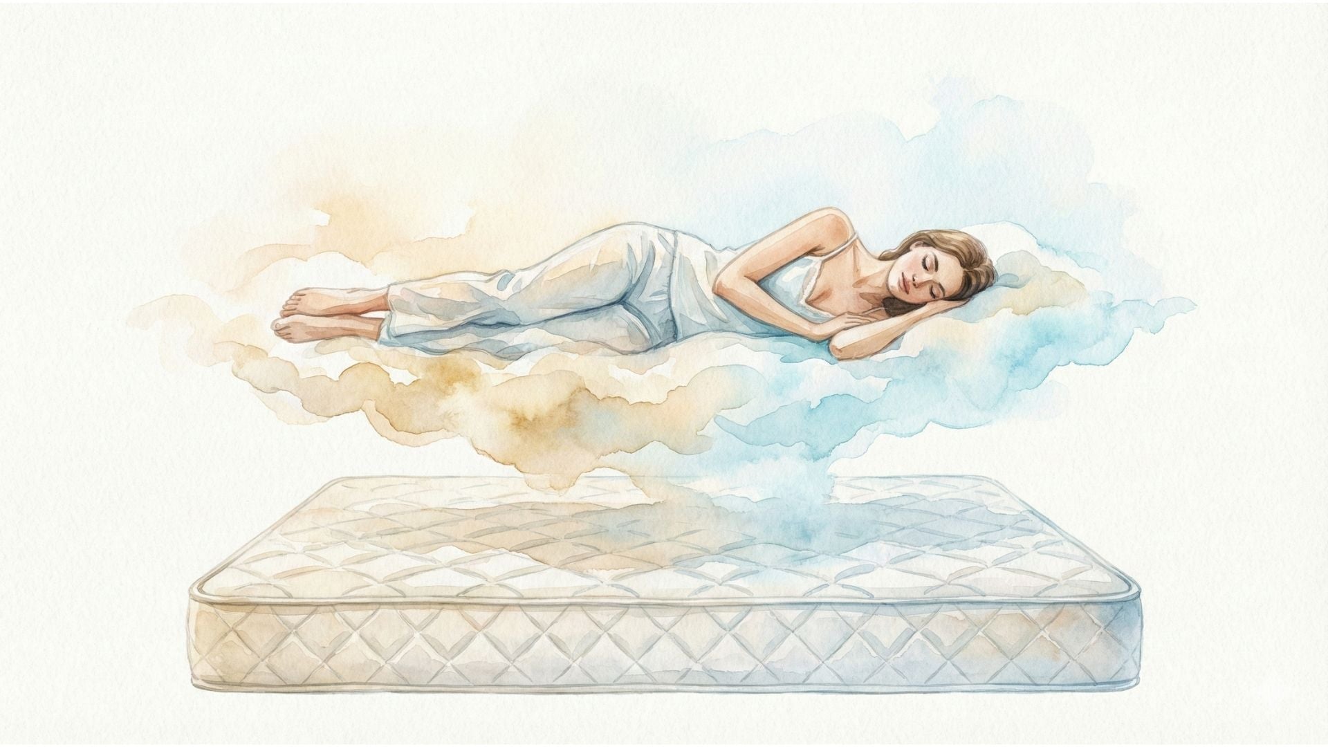 Feder & Kern Matratze Illustration mit schlafender Frau auf Wolke, ergonomisch schlafen