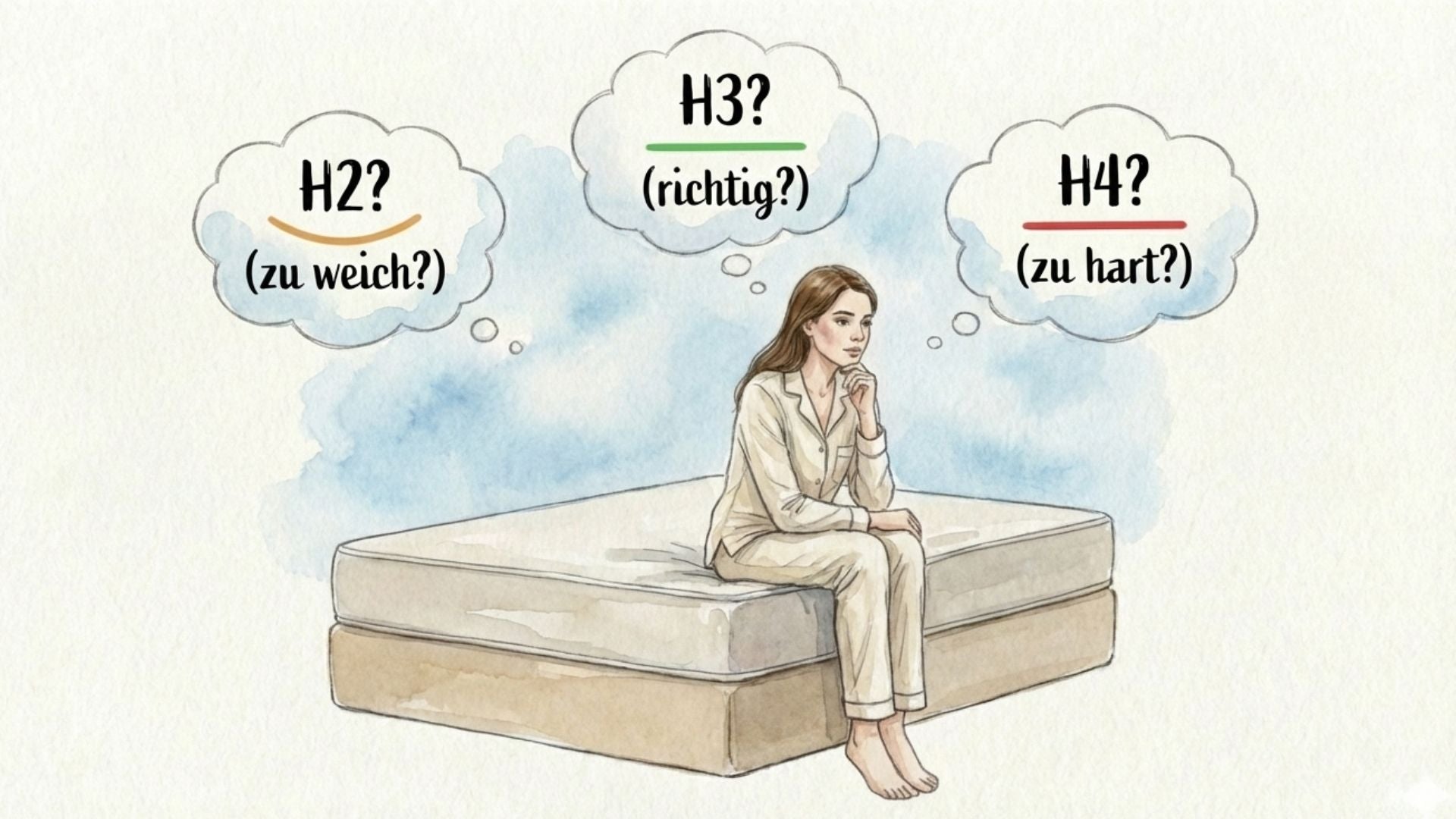 Feder & Kern Illustration Frau auf Matratze, Härtegrad H2 H3 H4 Auswahl, Schlafberatung