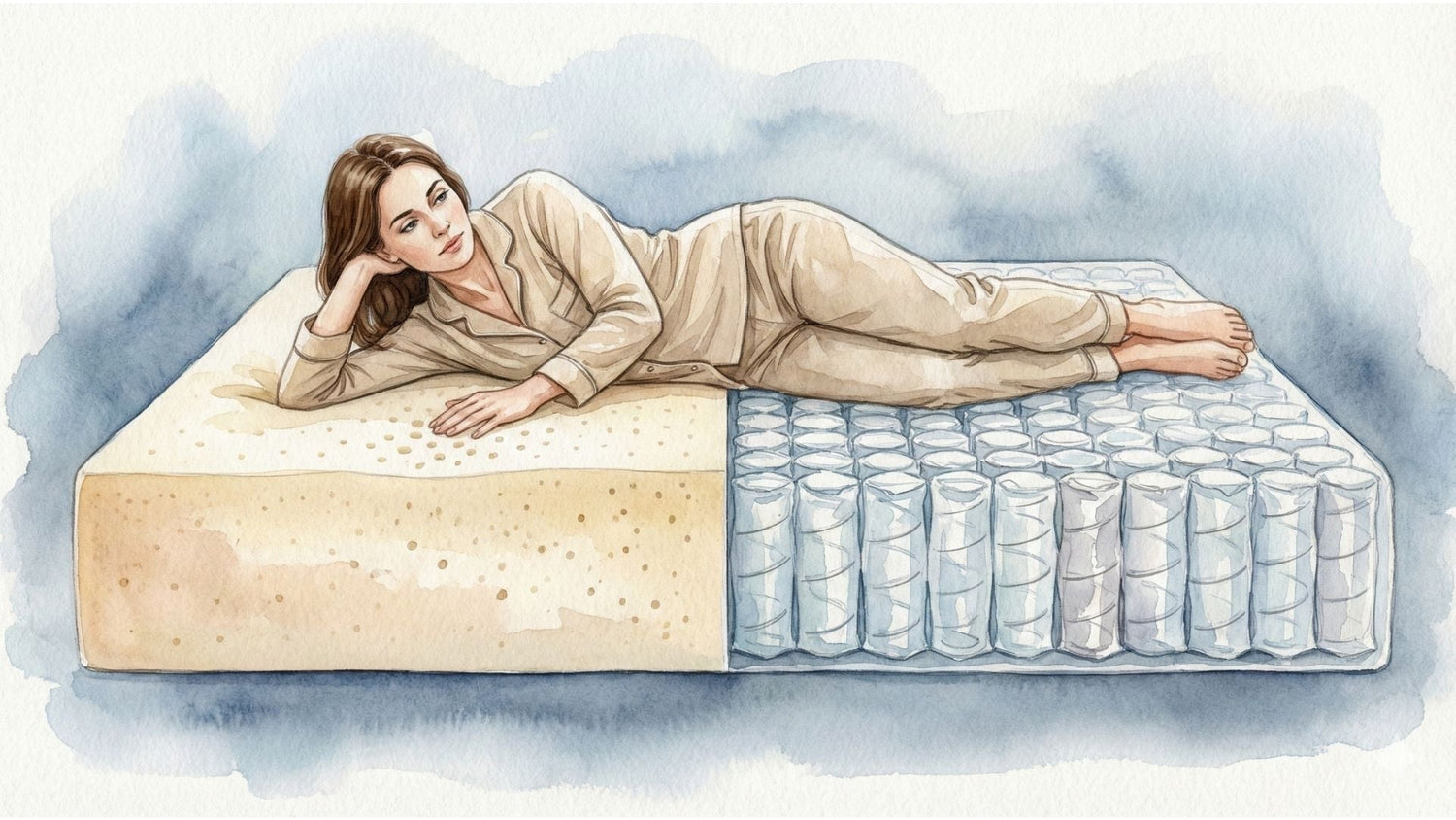 Feder & Kern Matratzenvergleich: Frau liegt auf halb Schaum, halb Federkern Matratze