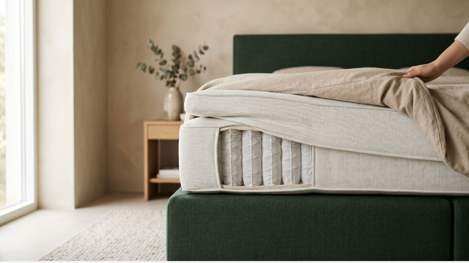 Boxspringbett im Querschnitt mit angehobener Matratzenecke, die den dreischichtigen Aufbau aus Box, Taschenfederkernmatratze und Topper zeigt, in einem hellen Schlafzimmer mit Beige- und Grüntönen