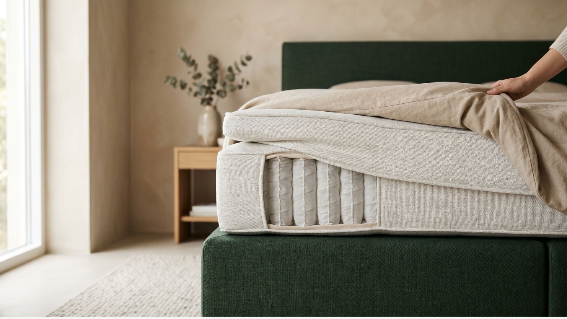 Boxspringbett im Querschnitt mit angehobener Matratzenecke, die den dreischichtigen Aufbau aus Box, Taschenfederkernmatratze und Topper zeigt, in einem hellen Schlafzimmer mit Beige- und Grüntönen