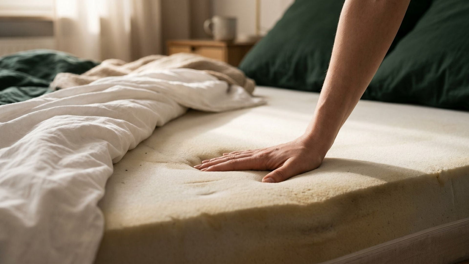 Hand prüft eine durchgelegene Stelle in einer Matratze, die sich nicht mehr zurückbildet