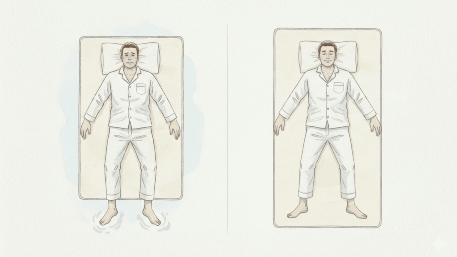 Vergleich zwischen einer zu kurzen Standardmatratze, bei der die Füße eines großen Mannes heraushängen, und einer Matratze in Überlänge, auf der er entspannt und vollständig liegt.