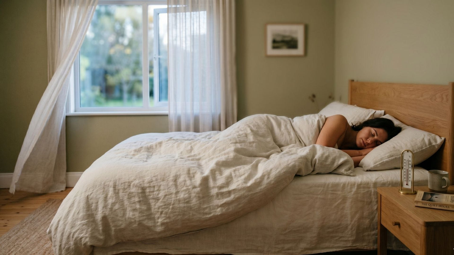 Kühl reguliertes fotorealistisches Schlafzimmer mit offenem Fenster und Thermometer auf dem Nachttisch neben der schlafenden Person.
