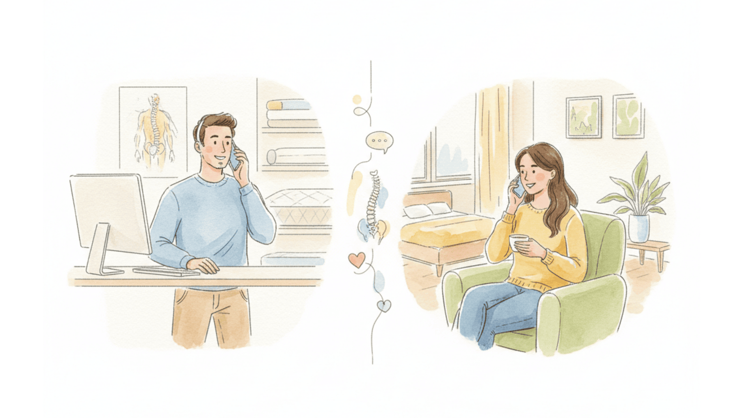 Illustration einer telefonischen Schlafberatung: Ein Physiotherapeut berät eine Kundin am Telefon über die richtige Matratze für eine gesunde Wirbelsäule.