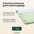 Feder & Kern relax Nackenstützkissen mit weißem Bezug und grünem Viscoschaum Kern im Querschnitt.