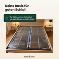 Feder & Kern Lattenrost in einem Bettrahmen aus Holz, bestehend aus zwei geteilten Liegeflächen.
