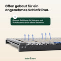 Feder & Kern Lattenrost mit offener Bauweise, Holzleisten und schwarzem Rahmen, Luftstrom durch Pfeile dargestellt.
