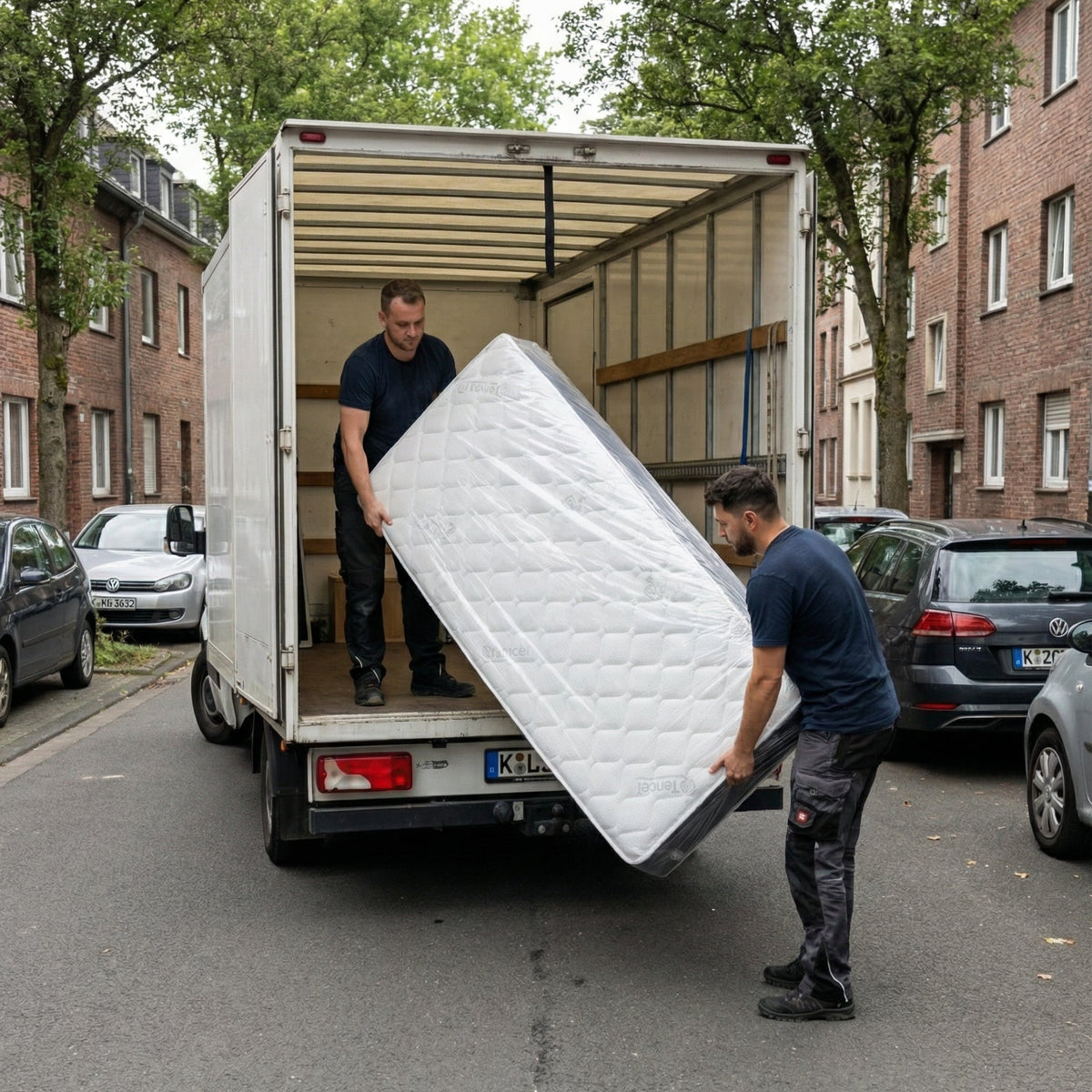 Zwei Personen laden eine weiße Feder & Kern Matratze aus einem Lieferwagen auf einer Straße in Köln.